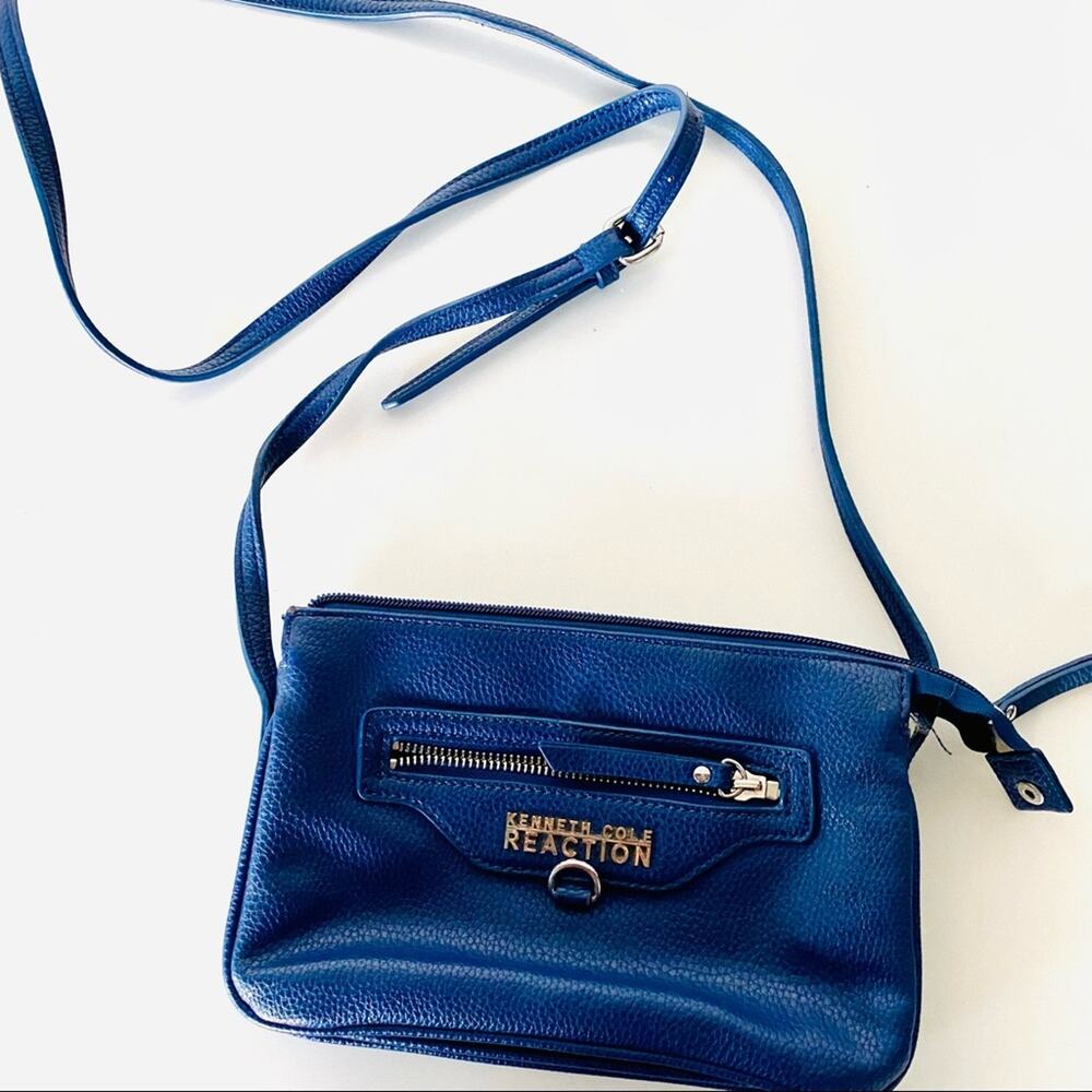 KENNETH COLE REACTION Blue Leather Zipper Crossbody Adjustable Clutch Purse Bag